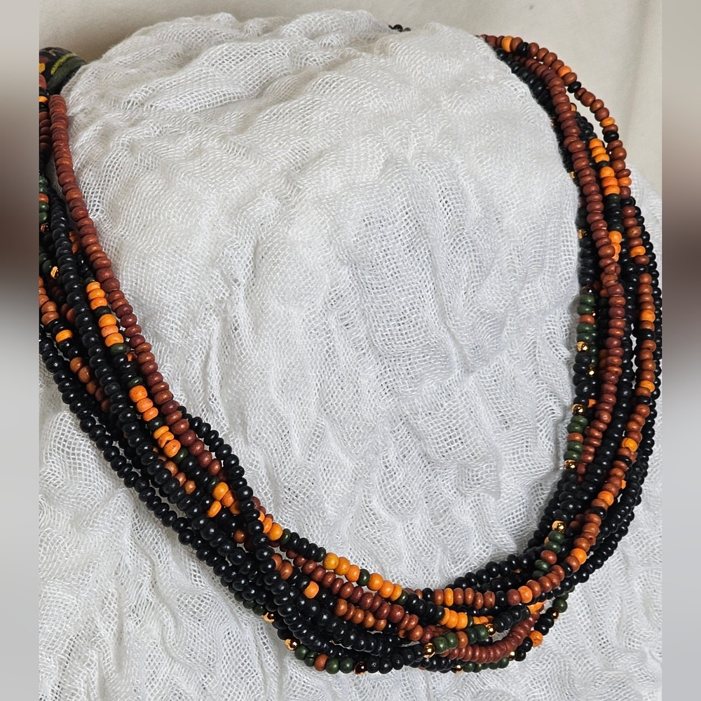 Vintage 18 inch wooden beaded necklace orange black fall 2 large tribal beads